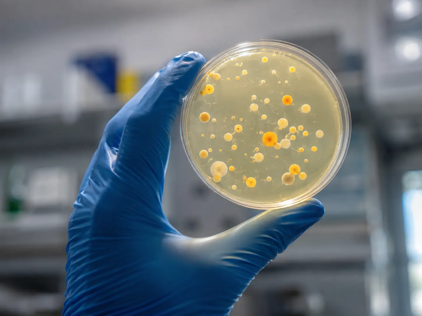 Prepared culture plates being read under laboratory light