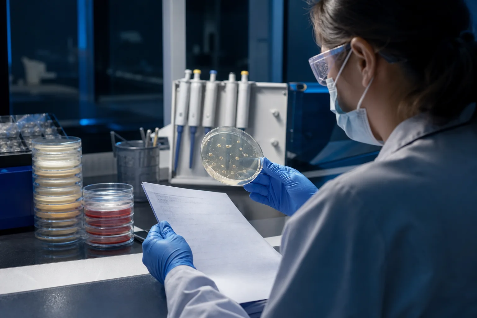 Microbiology specialist reviewing a culture plate and laboratory method document