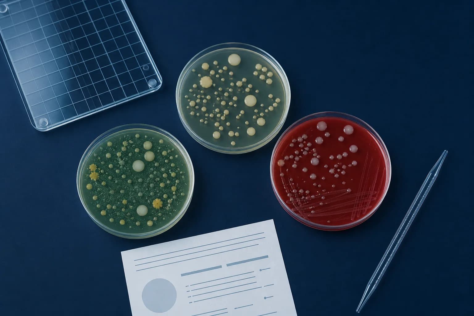 Culture media plates, a pipette and a method worksheet arranged on a laboratory bench
