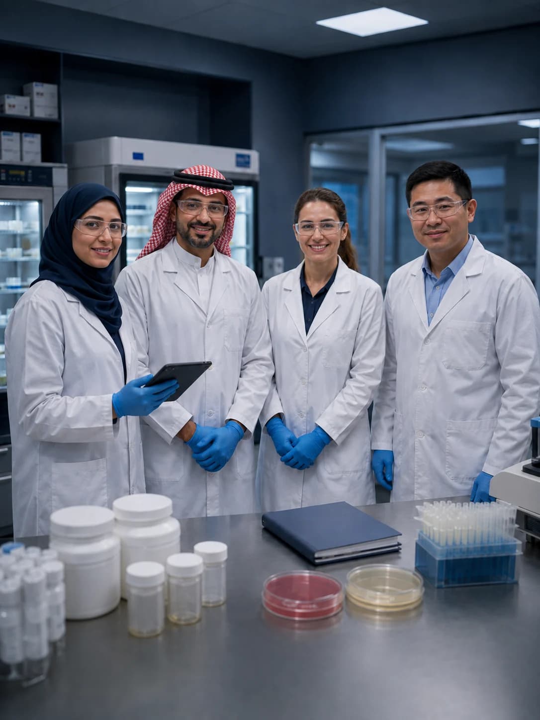 Four microbiology scientists smiling together in a quality-control laboratory